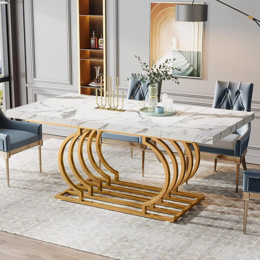 Modern Dining Table 63 Inch Faux Marble Wood Kitchen Table for 6-8 People